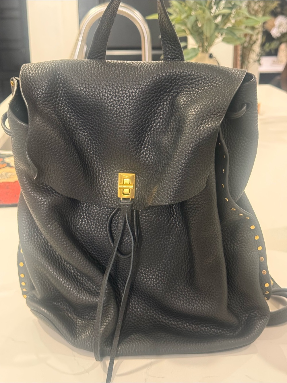 Rebecca Minkoff Black Pebbled Leather Drawstring Backpack with Gold Studs